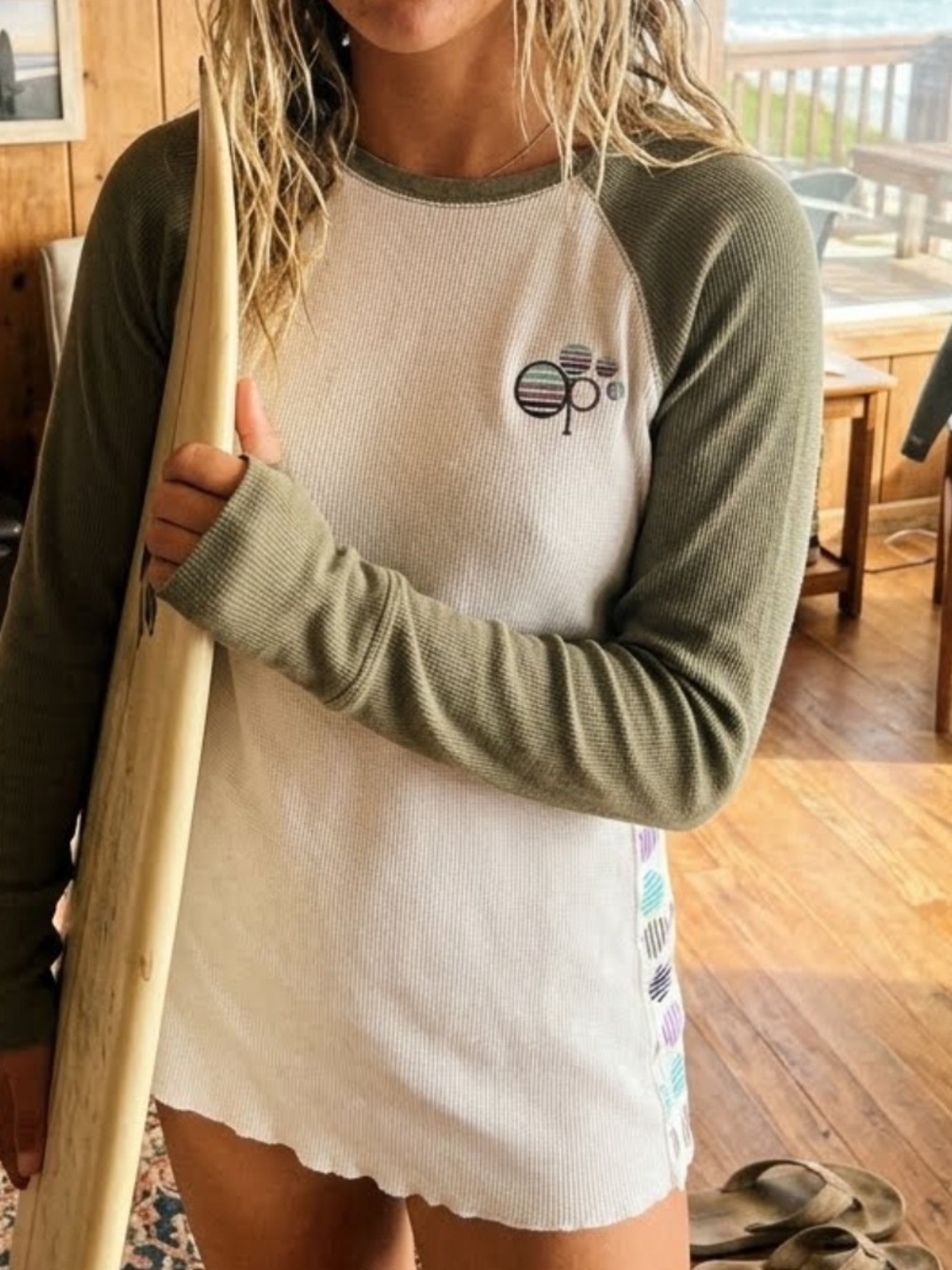 OP Women's Two-Tone Raglan Long Sleeve Top in Olive and Cream